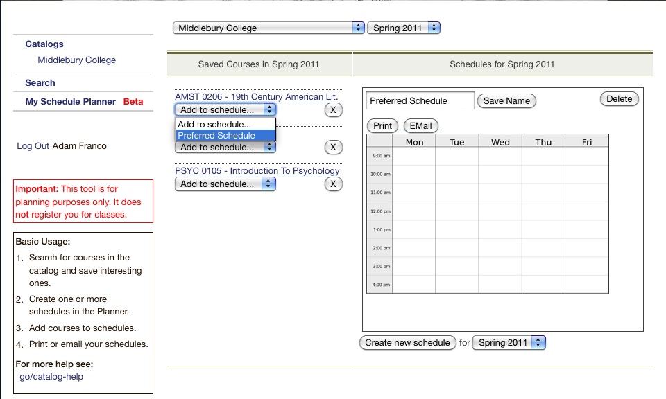 Empty planner with no courses added to the schedule