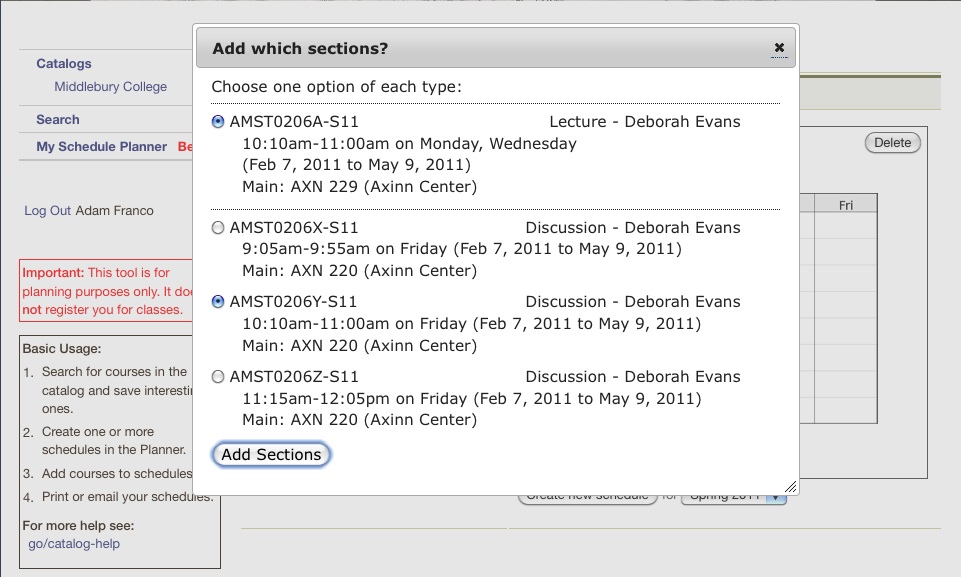 Adding a course to a schedule