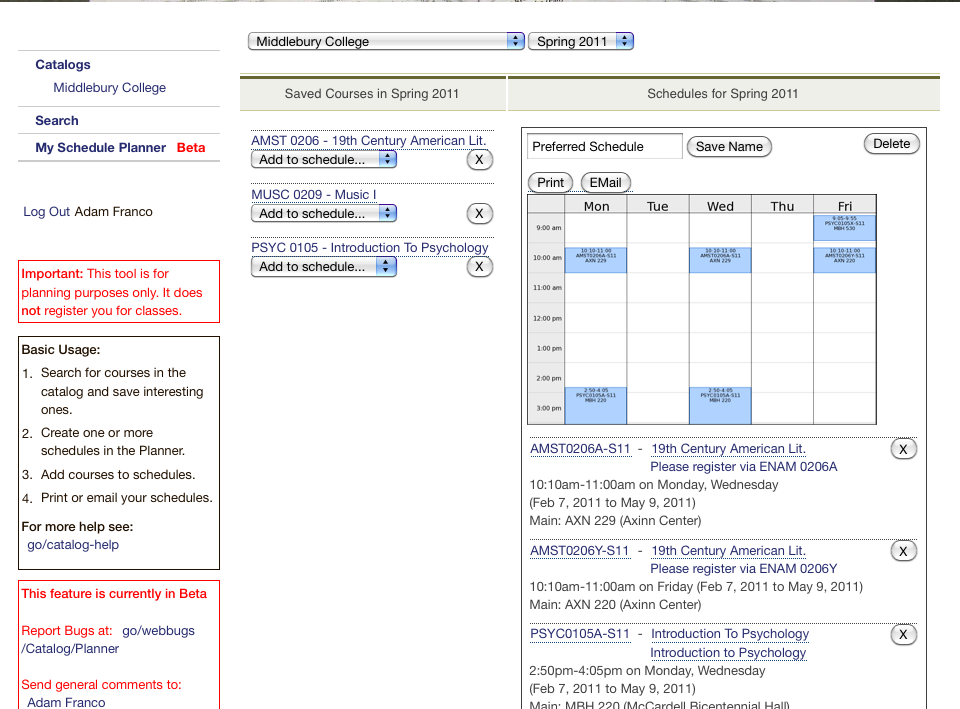 Schedule with two courses