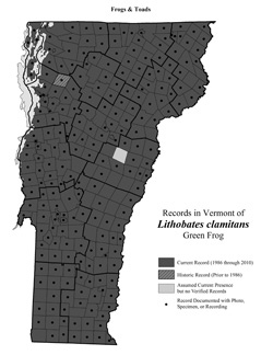Distribution of Lithobates (formerly Rana) clamitans in Vermont
