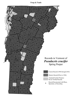 Distribution of Pseudacris crucifer in Vermont